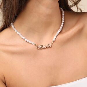 Lulus Destined Shine Gold Pearl Bride Script Necklace - Size One Size